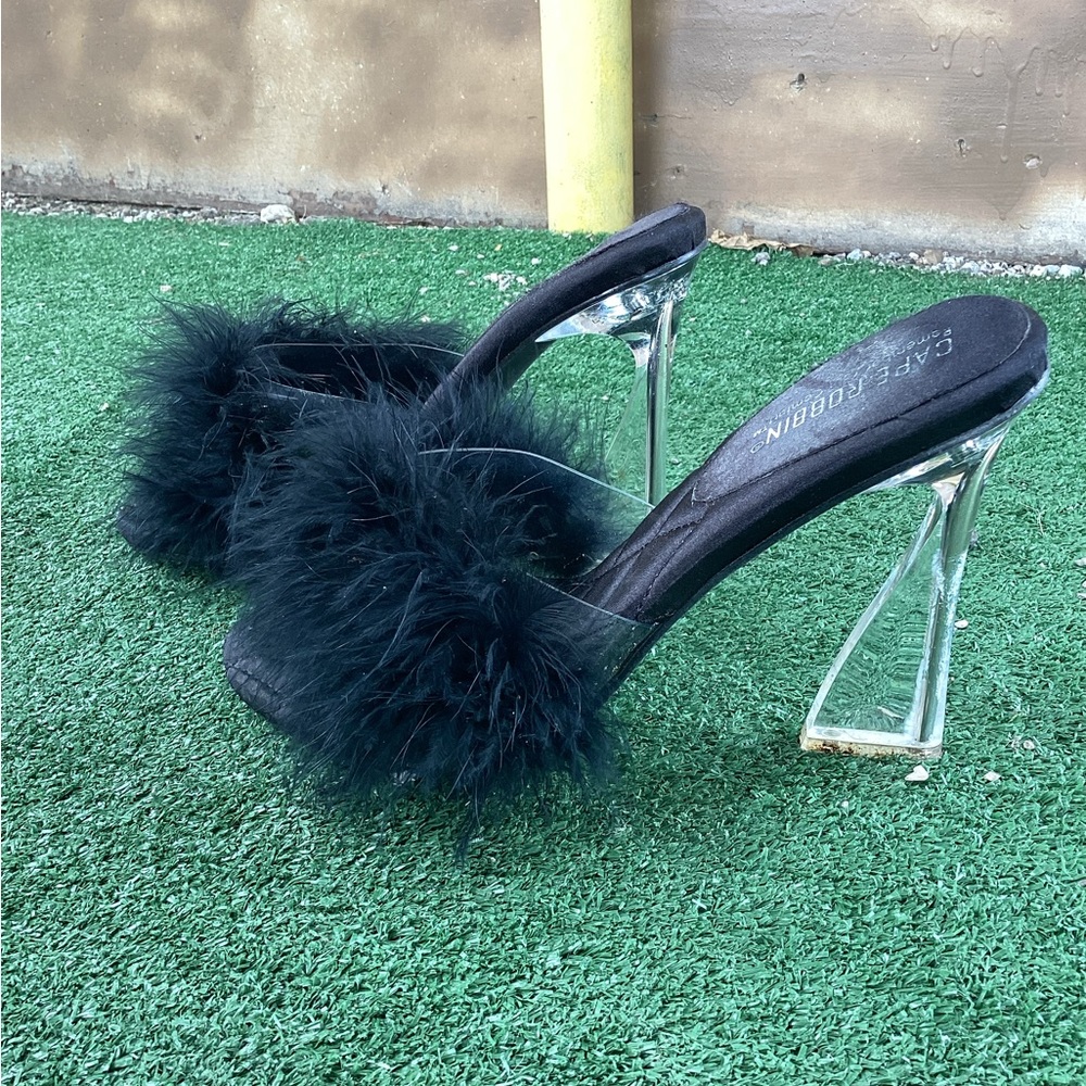 Black fluffy slip on heels